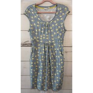 Boden Womens Blue Yellow Swallow Bird Print Jersey Dress WH761 Size 6P Pocket